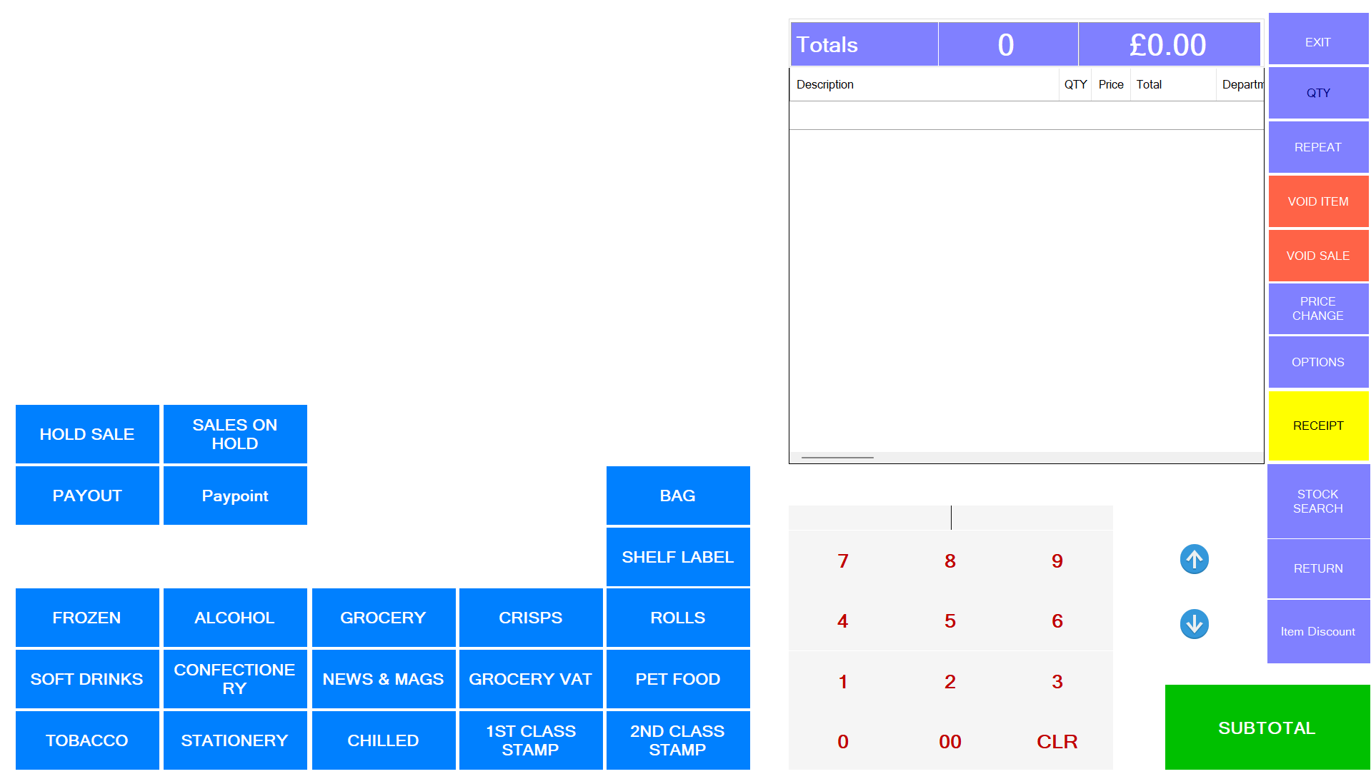 EPOS ONE point-of-sale software showing product categories, sales totals and payment controls